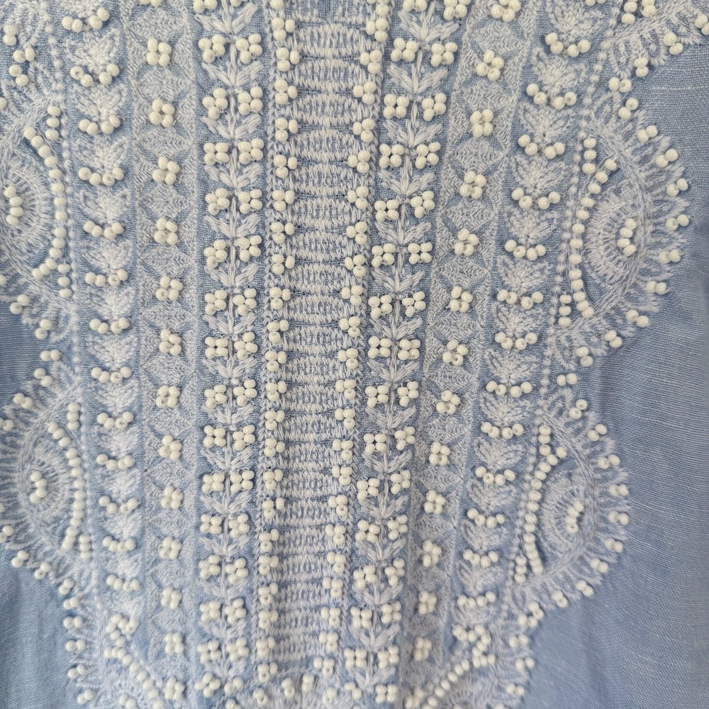 J. Jill Love Linen Dress Blue Beaded Embroidered Shift Sleeveless Tunic PS - Picture 4 of 6